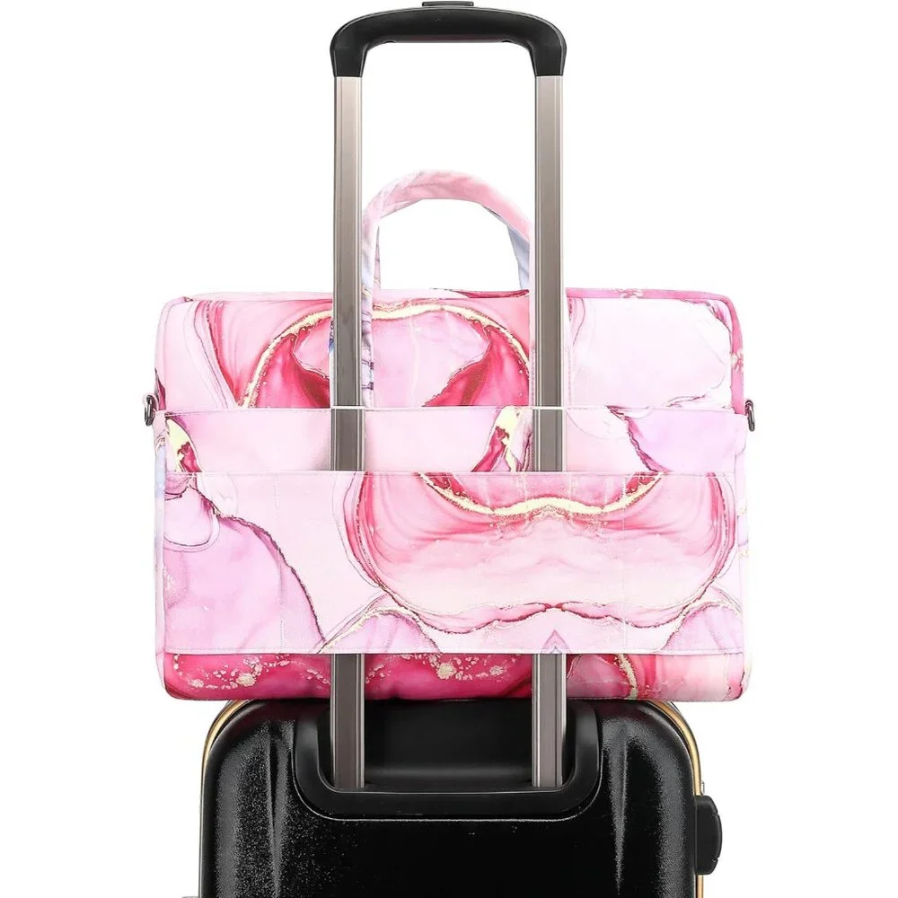 Pink Marble Laptop Tote Bag with Multiple Pockets